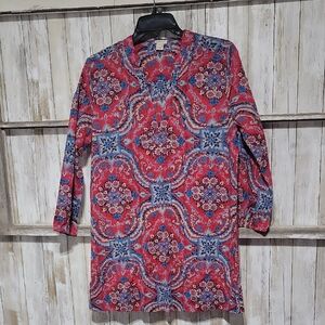 J Crew Red Blue V Neck Long Line Tunic Blouse